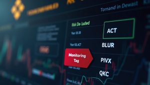 Newsroom header with Binance logo and a red Monitoring Tag on ACT, BLUR, PIVX, QKC risk dashboard.