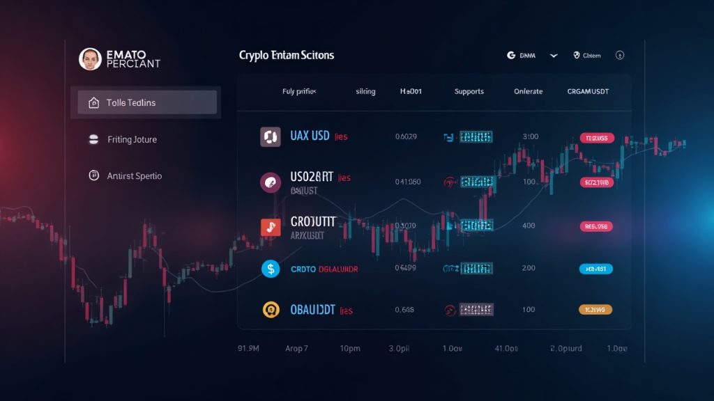 Futuristic crypto trading dashboard with six perpetual tickers: USARUSDT, BBXUSDT, CRDOUSDT, OUSDT, ARXUSDT, GRAMUSDT.