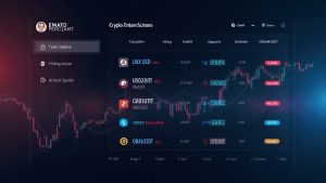 Futuristic crypto trading dashboard with six perpetual tickers: USARUSDT, BBXUSDT, CRDOUSDT, OUSDT, ARXUSDT, GRAMUSDT.