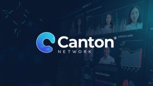 Canton Network logo over a KRW trading dashboard with institutional figures, illustrating fiat on-ramp to tokenized assets.