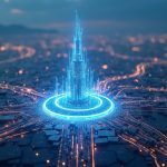 Futuristic Cardano city with a glowing blockchain hub, Genesis and Apex builder tracks, and a transparent governance overlay.