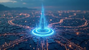 Futuristic Cardano city with a glowing blockchain hub, Genesis and Apex builder tracks, and a transparent governance overlay.
