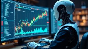 Photorealistic AI agent at a secure crypto terminal with a sandboxed wallet and streams of coins guiding guarded trades.