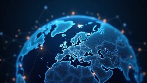 Sleek trading desk with a glowing globe, illustrating Coinbase linking U.S. traders to global crypto perpetuals