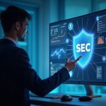 User views holographic AI advisor dashboard with SEC shield glow, crypto charts and asset icons.