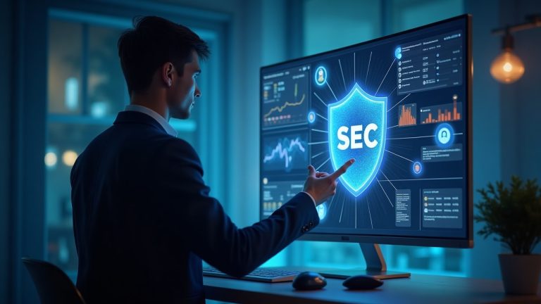 User views holographic AI advisor dashboard with SEC shield glow, crypto charts and asset icons.