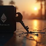 Dormant Ethereum wallet silhouette with a cracked private key slipping away, indicating key compromise.