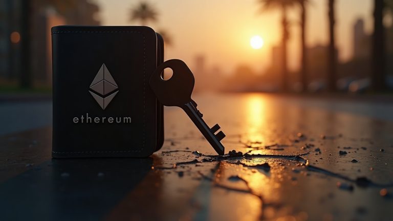 Dormant Ethereum wallet silhouette with a cracked private key slipping away, indicating key compromise.