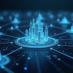 Photorealistic fintech hub showing digital securities tokens flowing through a multi-blockchain settlement network.