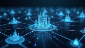 Photorealistic fintech hub showing digital securities tokens flowing through a multi-blockchain settlement network.