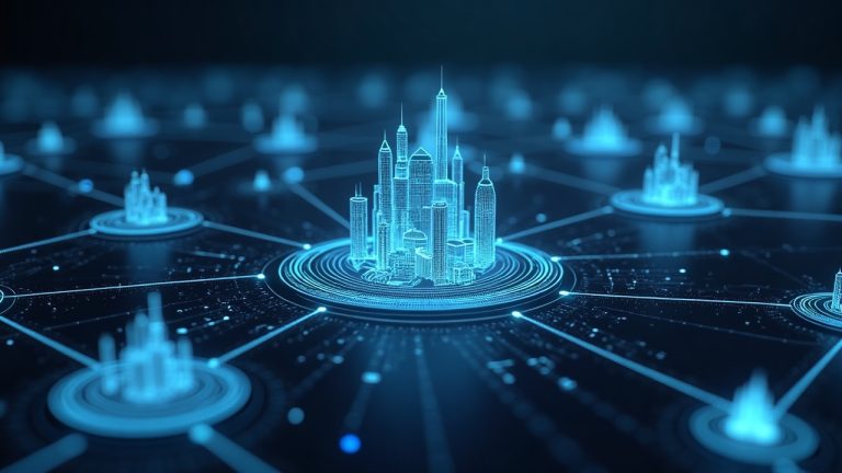 Photorealistic fintech hub showing digital securities tokens flowing through a multi-blockchain settlement network.