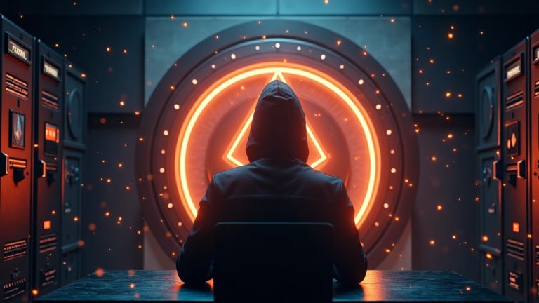 Photorealistic header: hacker silhouette before a glowing Ethereum vault with colliding storage layers.