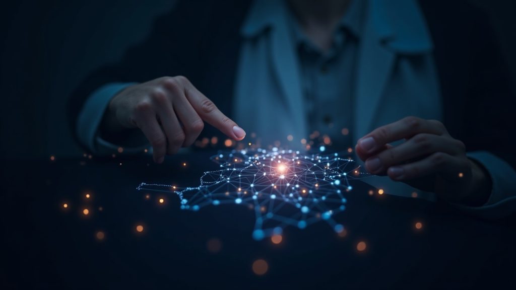 Financier examines a glowing token over a digital France map with blockchain nodes and a sovereign-flag motif.