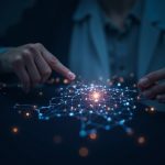 Financier examines a glowing token over a digital France map with blockchain nodes and a sovereign-flag motif.