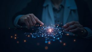 Financier examines a glowing token over a digital France map with blockchain nodes and a sovereign-flag motif.