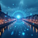 Photorealistic european cityscape with blockchain nodes and a dashboard showing tokenized funds and regulatory clarity.