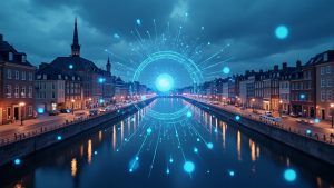 Photorealistic european cityscape with blockchain nodes and a dashboard showing tokenized funds and regulatory clarity.