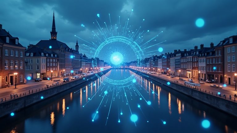 Photorealistic european cityscape with blockchain nodes and a dashboard showing tokenized funds and regulatory clarity.