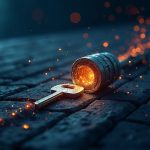 Photorealistic cross-chain bridge from Ethereum to Cosmos with a broken vault and a glowing signing key indicating a breach.