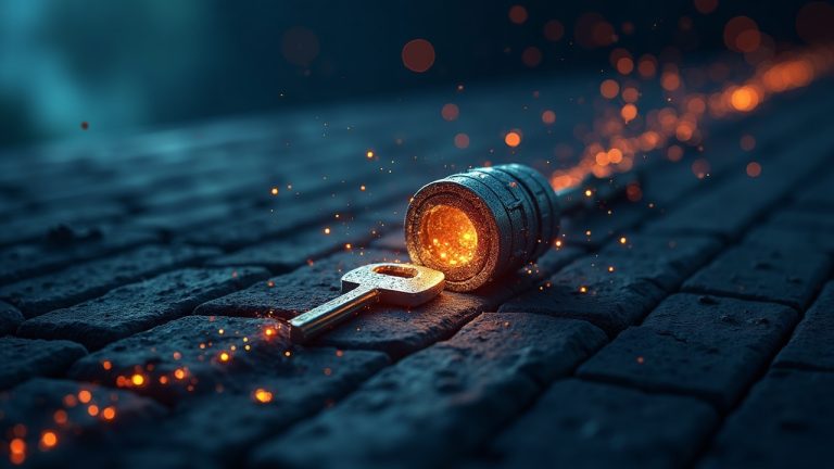 Photorealistic cross-chain bridge from Ethereum to Cosmos with a broken vault and a glowing signing key indicating a breach.