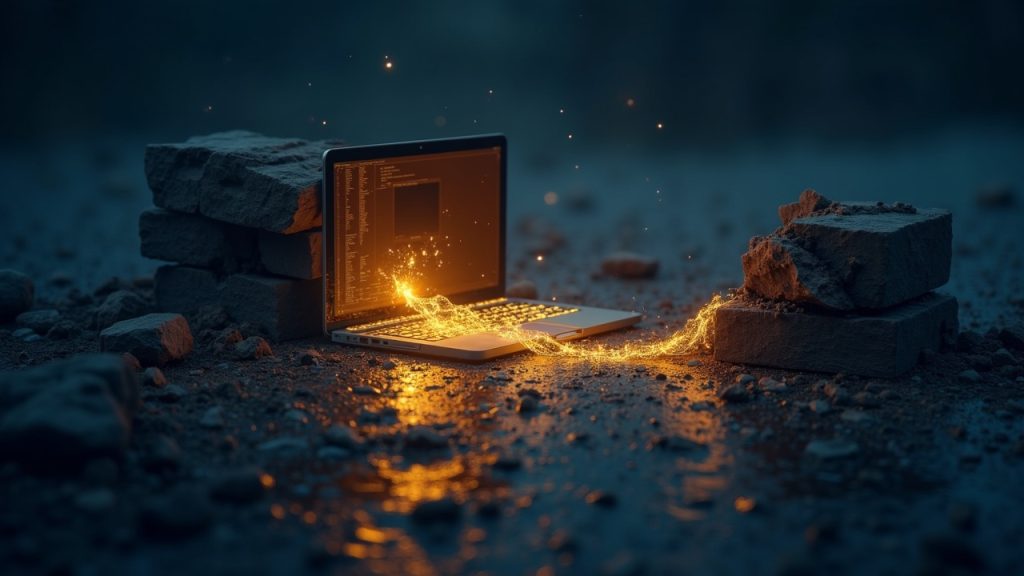 Centered laptop leaking glowing private keys into a shattered bridge diagram, illustrating a $36M crypto breach.