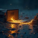 Centered laptop leaking glowing private keys into a shattered bridge diagram, illustrating a $36M crypto breach.
