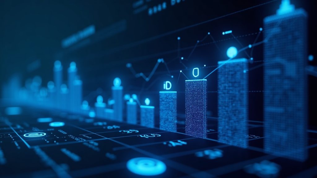 Photorealistic dashboard with rising revenue charts, glowing blockchain nodes, blue neon grid, and L1 symbols.