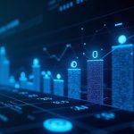 Photorealistic dashboard with rising revenue charts, glowing blockchain nodes, blue neon grid, and L1 symbols.
