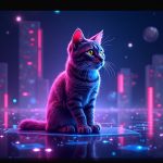 Neon-lit Hypurr NFT cat at the center, encircled by holographic HYPE bars and blockchain nodes in a sleek newsroom scene.