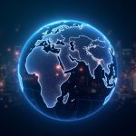 Photorealistic globe with neon blockchain trails showing Iran-linked crypto flows through CoinEx and Bybit, newsroom-style