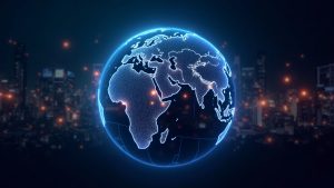 Photorealistic globe with neon blockchain trails showing Iran-linked crypto flows through CoinEx and Bybit, newsroom-style