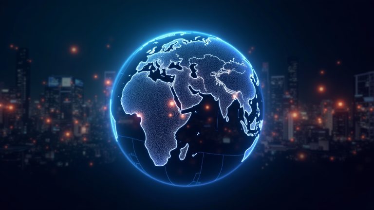 Photorealistic globe with neon blockchain trails showing Iran-linked crypto flows through CoinEx and Bybit, newsroom-style
