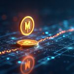 Moody's logo delivers on-chain credit ratings to a Solana token with flowing data along a transparent blockchain backbone.