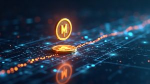 Moody's logo delivers on-chain credit ratings to a Solana token with flowing data along a transparent blockchain backbone.