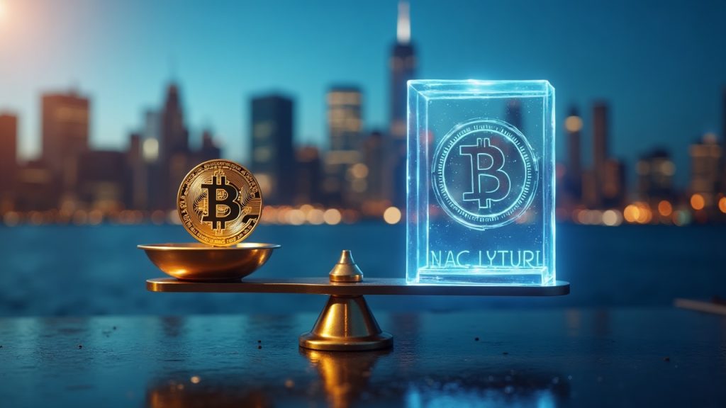 Photoreal NYC skyline with a holographic balance showing a stablecoin and a reserve vault, signaling GENIUS Act alignment.