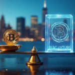 Photoreal NYC skyline with a holographic balance showing a stablecoin and a reserve vault, signaling GENIUS Act alignment.