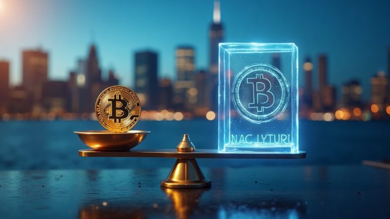 Photoreal NYC skyline with a holographic balance showing a stablecoin and a reserve vault, signaling GENIUS Act alignment.