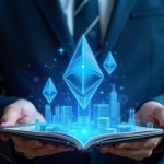 Seasoned NFT collector views a holographic wallet with rising blue-chip Ethereum NFTs in a polished, decentralized newsroom.