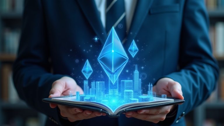 Seasoned NFT collector views a holographic wallet with rising blue-chip Ethereum NFTs in a polished, decentralized newsroom.