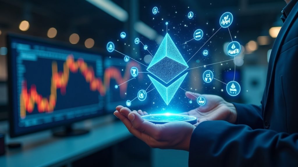 Photorealistic trader with holographic tokenized stocks and cross-chain logos (Ondo, Mirae) in a high-tech newsroom.