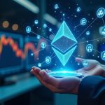 Photorealistic trader with holographic tokenized stocks and cross-chain logos (Ondo, Mirae) in a high-tech newsroom.