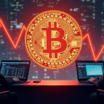Photorealistic newsroom with Bitcoin logo center, red down arrows, fading ETF icons, and silhouetted traders signaling fear.