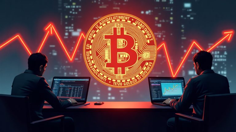 Photorealistic newsroom with Bitcoin logo center, red down arrows, fading ETF icons, and silhouetted traders signaling fear.