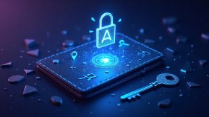 Photorealistic wallet hologram with ADA symbol, broken keys, and a locked vault, signaling risk and migration.
