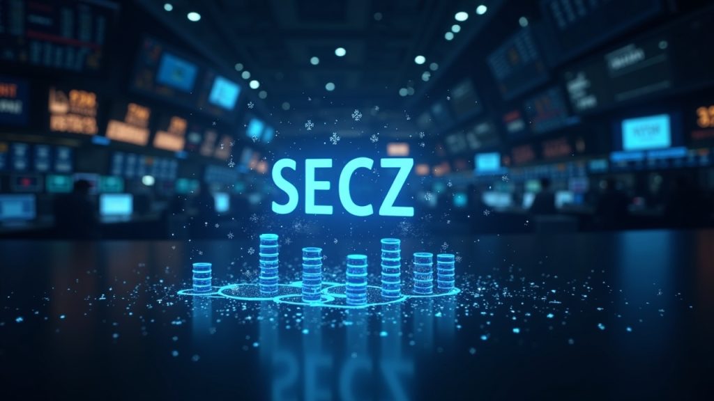 Photorealistic depiction of Securitize's tokenization platform on a NYSE floor, with holographic funds and the SECZ ticker.
