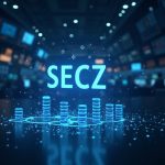 Photorealistic depiction of Securitize's tokenization platform on a NYSE floor, with holographic funds and the SECZ ticker.
