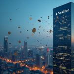 Photorealistic header: Securitize tower over a Solana-inspired city with floating tokenized CLO notes and Ethena glow.
