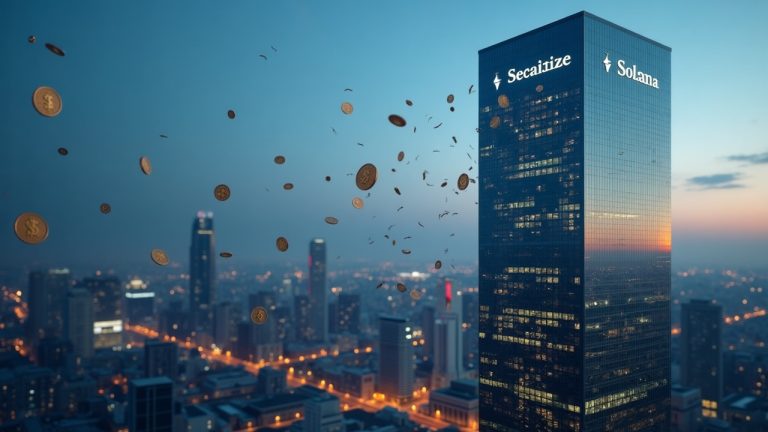 Photorealistic header: Securitize tower over a Solana-inspired city with floating tokenized CLO notes and Ethena glow.