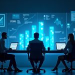 Photorealistic Solana data hub with streaming blocks, analysts at a desk, translucent dashboards and blue glow.
