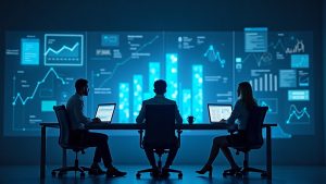 Photorealistic Solana data hub with streaming blocks, analysts at a desk, translucent dashboards and blue glow.